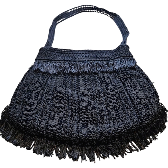 Vintage Black Macrame Purse Handmade Fringe Architectural Bag Boho Chic - Picture 5 of 11